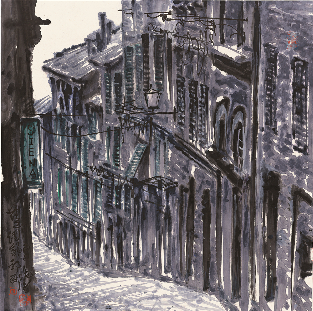 蓝调锡耶纳（斜坡老街），纸本彩墨，69x69cm, 2016,聂危谷.jpg